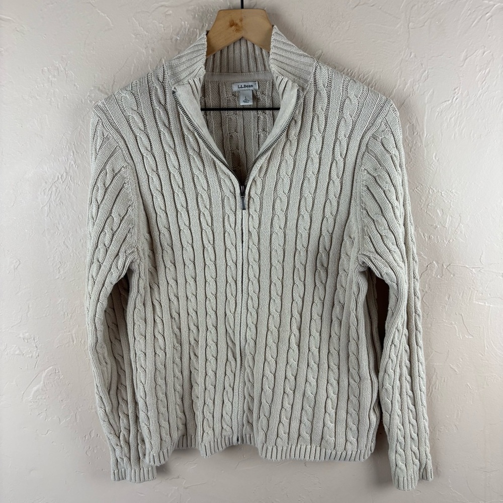 L.L. Bean Cream Tan Cowl Neck Cable Knit Cardigan Sweater Full Zip Women’s Large
